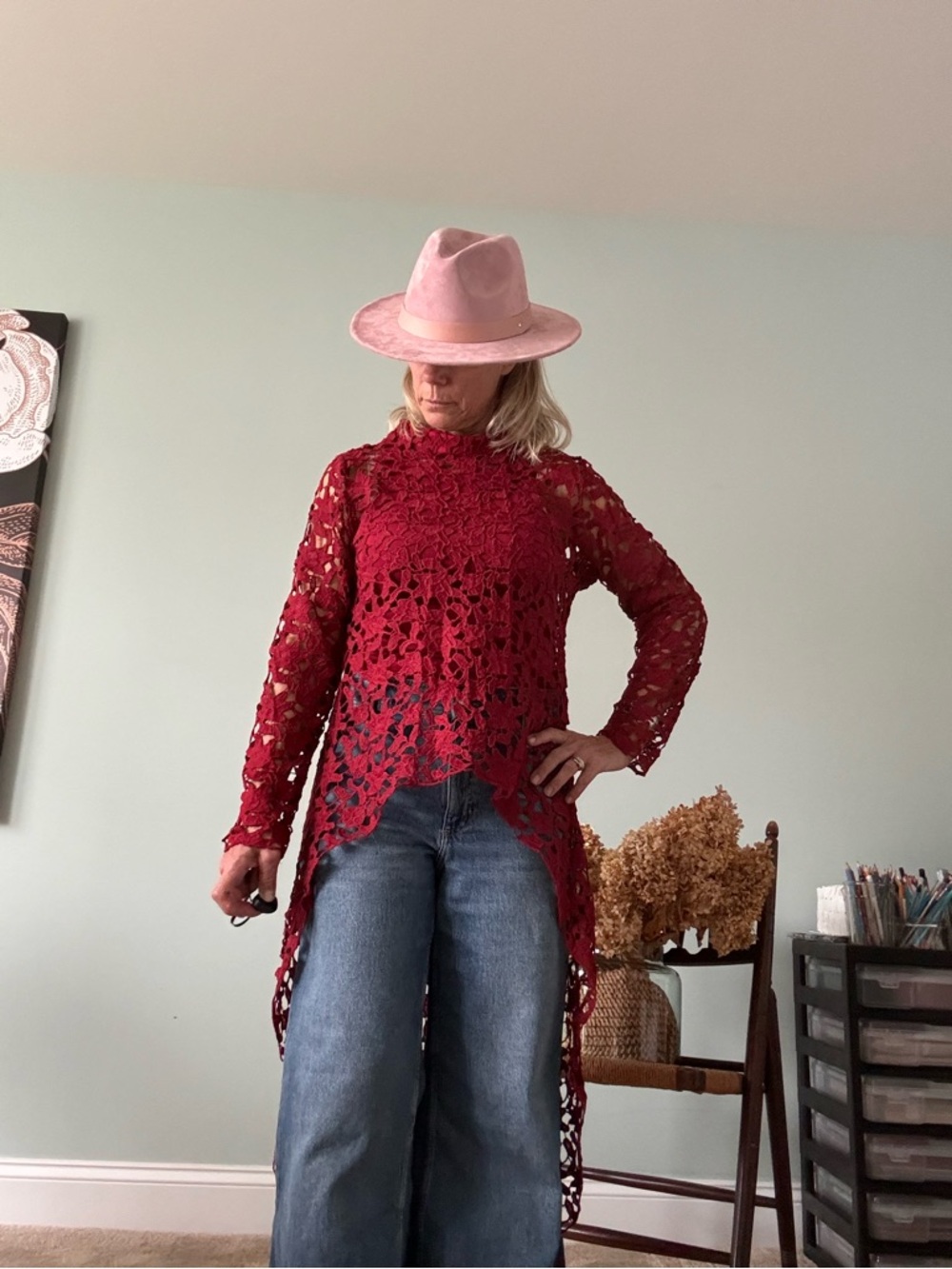 Women's Lace High-Low Tunic Top in Deep Red